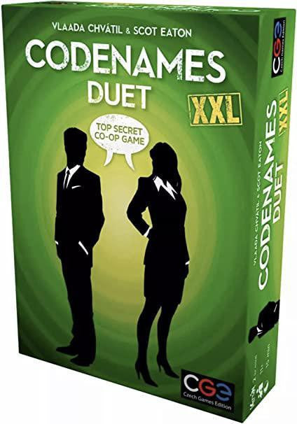 Codenames: Duet XXL cooperative word game in a green box featuring business attire silhouettes.