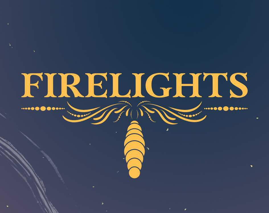 Firelights gold logo with stylized gold firefly represents a solo/co-op RPG on a dark blue background.