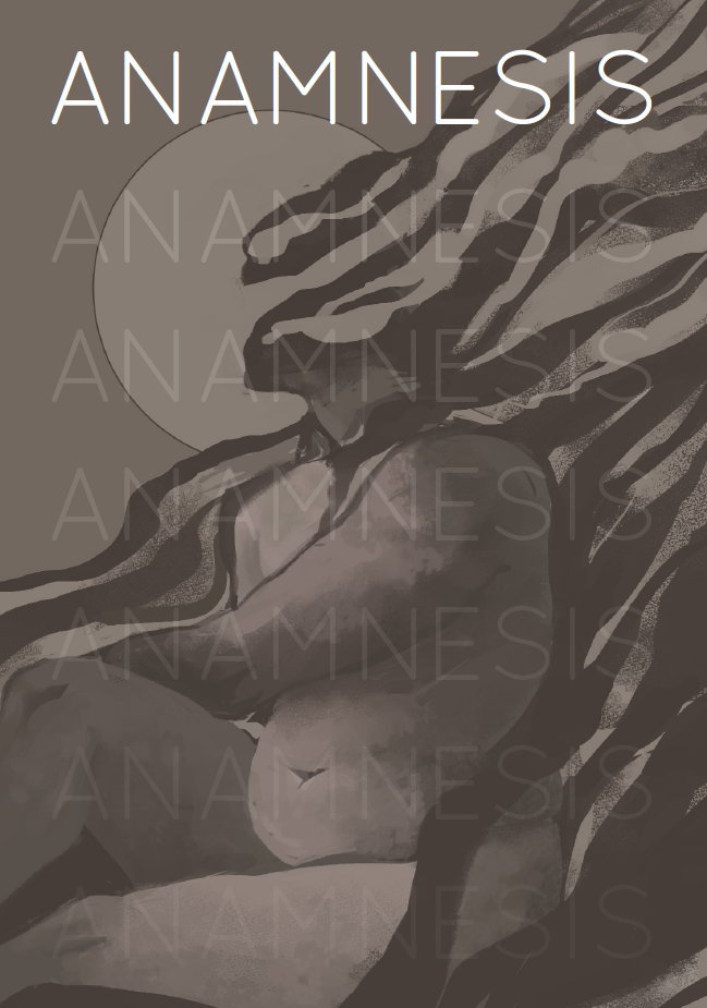 Anamnesis solo journaling RPG cover with a nude figure and flowing hair in front of a bright circle; title above.