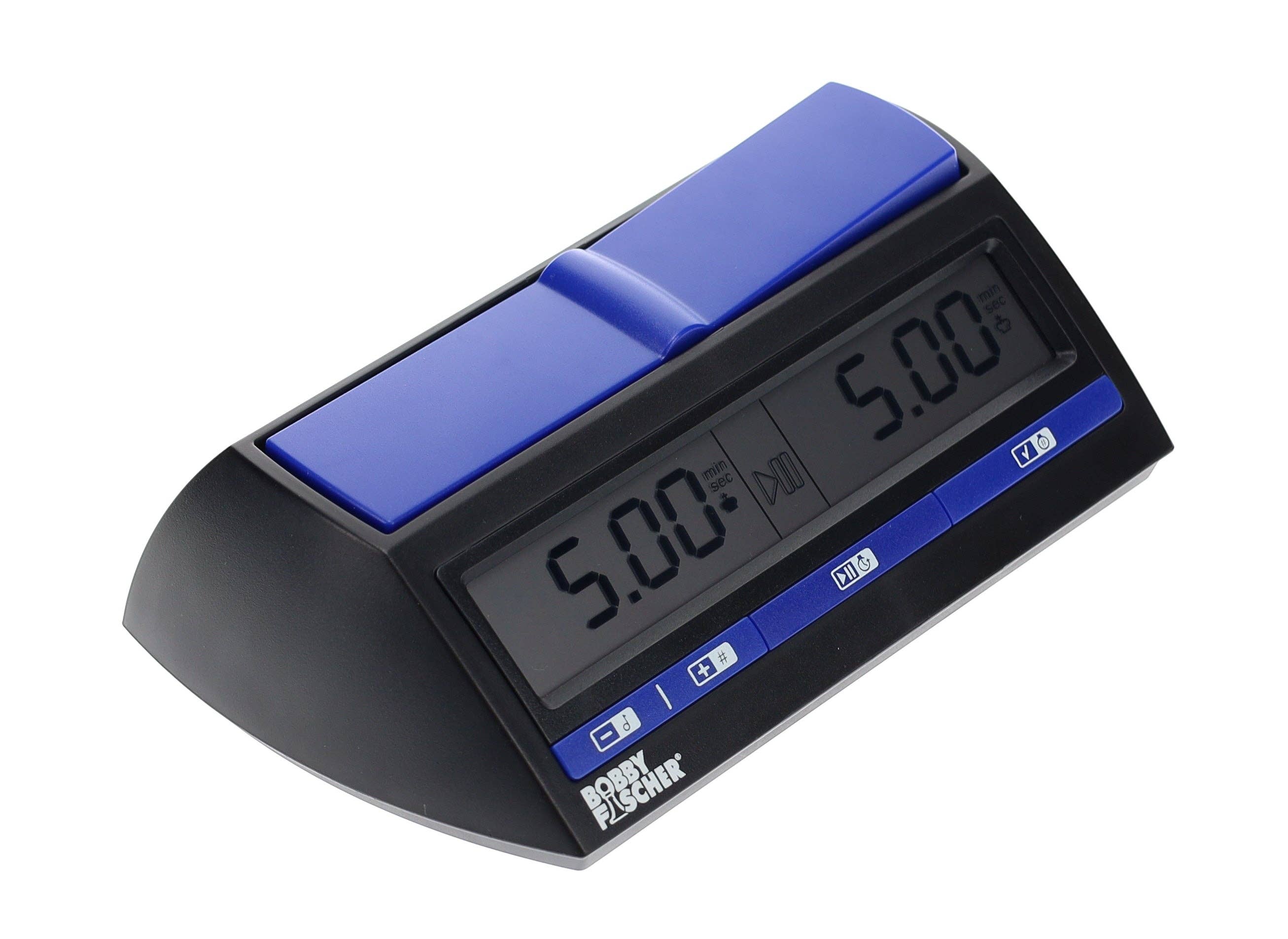 DGT Bobby Fischer Digital Chess Clock with dual displays, black case, and blue buttons showing 5:00.