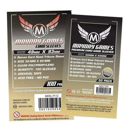 Two packs of Roman Card Sized Tribune Sleeves 49mm x 93mm displaying product details and warnings on the front.