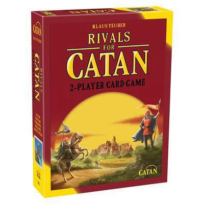 Rivals for Catan two-player card game box featuring knights, a village, and the Catan logo on red background.