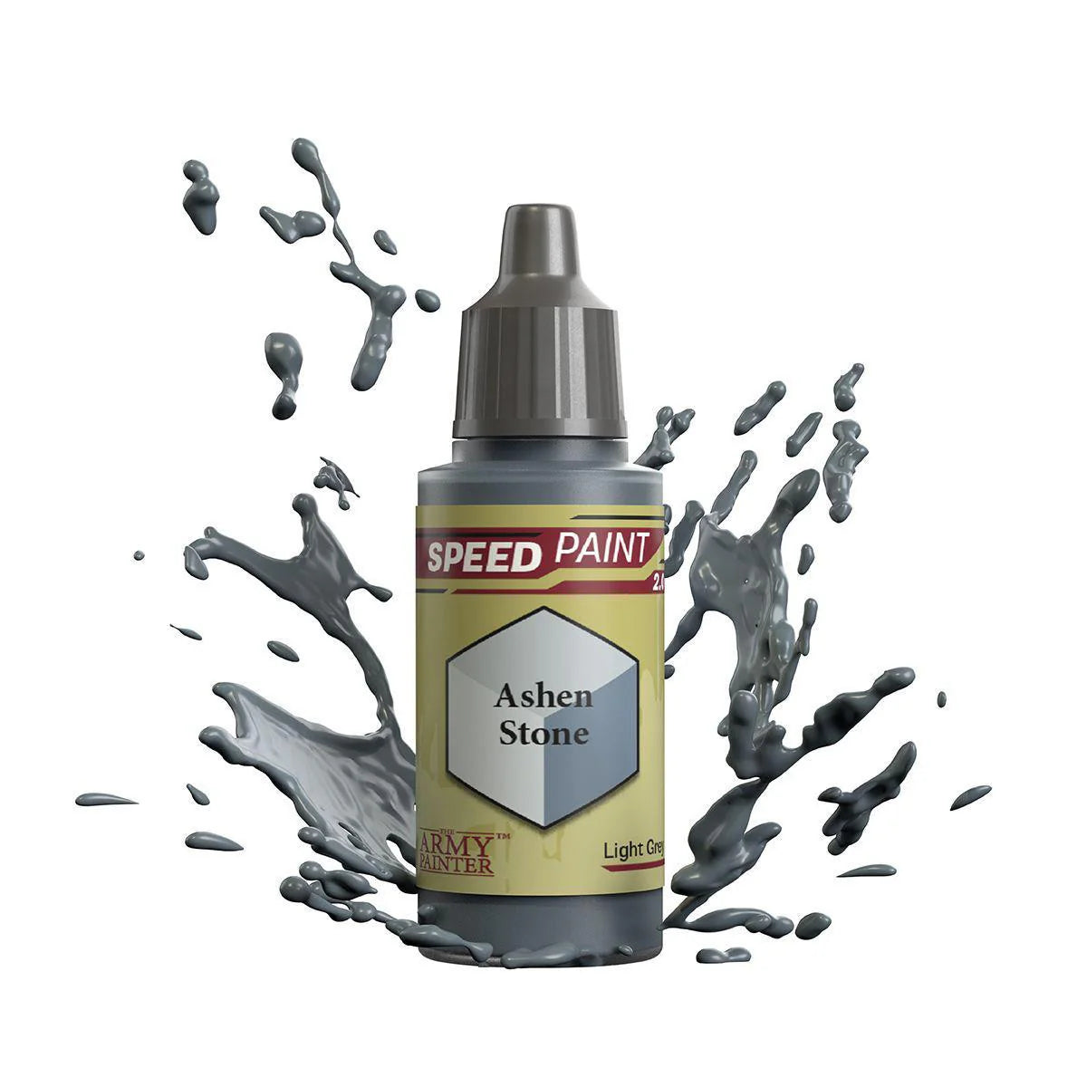 Army Painter Speedpaint Ashen Stone, gray miniature paint, with paint shown splashing on a white background.