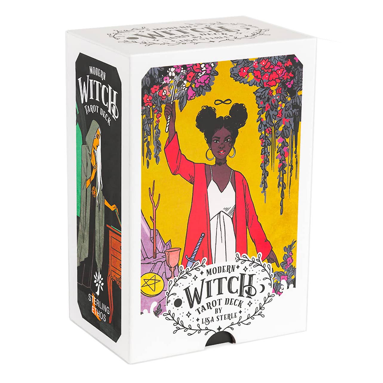 The Modern Witch Tarot Deck box featuring an illustrated woman in red with witchcraft tools below hanging flowers.