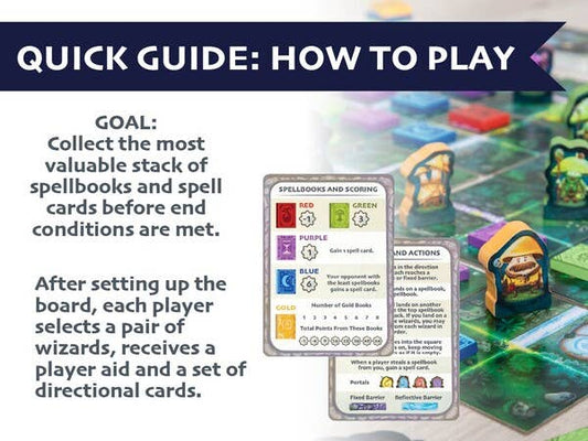 SEEKER OF SPELLS game components: mushroom wizard pieces, spellbooks, cards, board, and rules sheet.