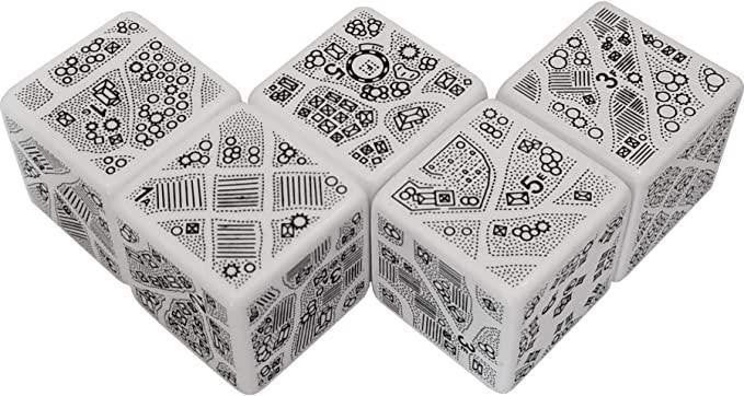 Five white DungeonMorph Dice Villages Set dice featuring abstract black patterns.