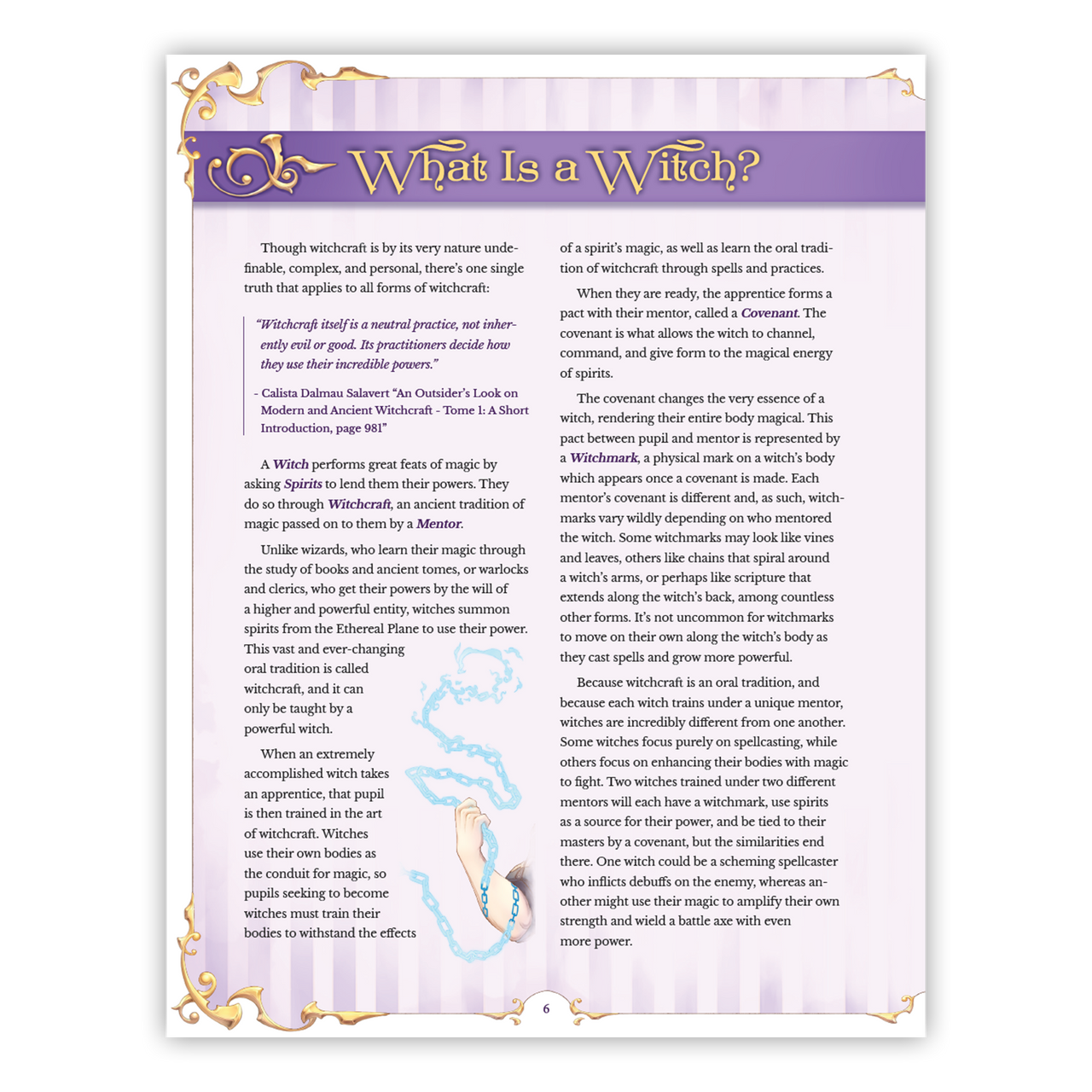 Hexbound hardcover open to “What Is a Witch?” page, showing hand conjuring blue magic for 5e D&D.