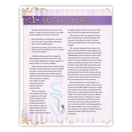 Hexbound hardcover open to “What Is a Witch?” page, showing hand conjuring blue magic for 5e D&D.
