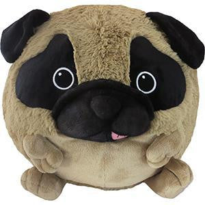 Squishable Pug plush toy shaped round with big eyes, floppy ears, and a pink tongue.