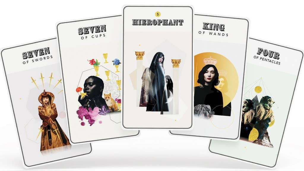 Five Gold Lyre Tarot cards, upright, with titles including The Hierophant and King of Wands.