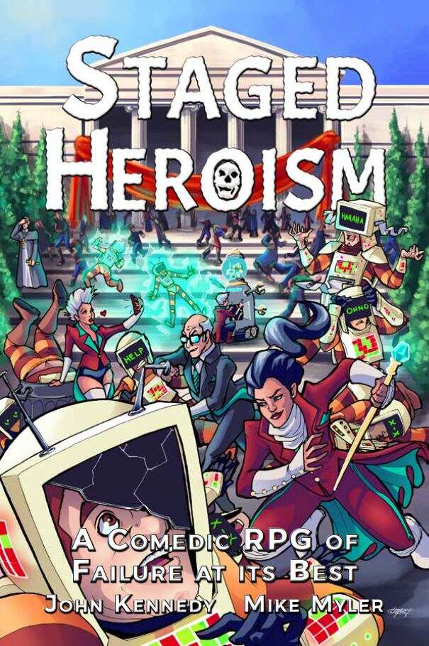 Staged Heroism comic cover featuring superheroes fighting in a style inspired by Saturday morning cartoons.