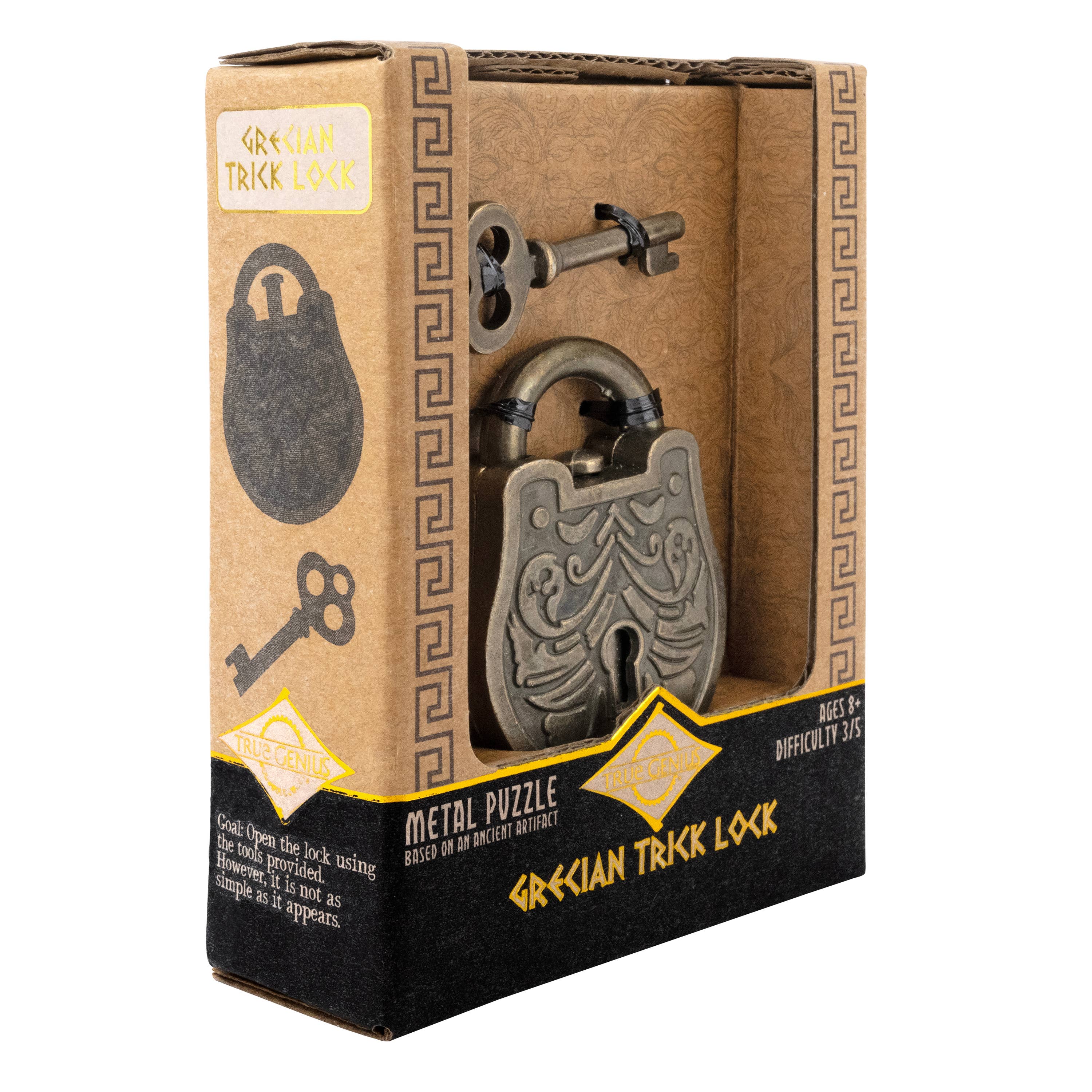 True Genius Greek Trick Lock Puzzle, metal padlock with key, difficulty rating 3/5, shown in a decorative box.
