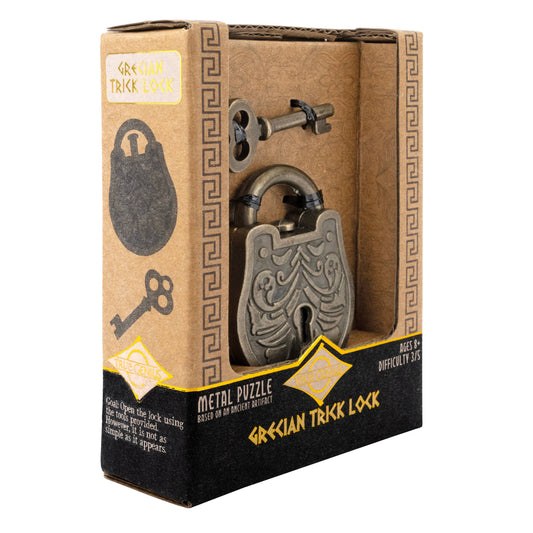 True Genius Greek Trick Lock Puzzle, metal padlock with key, difficulty rating 3/5, shown in a decorative box.