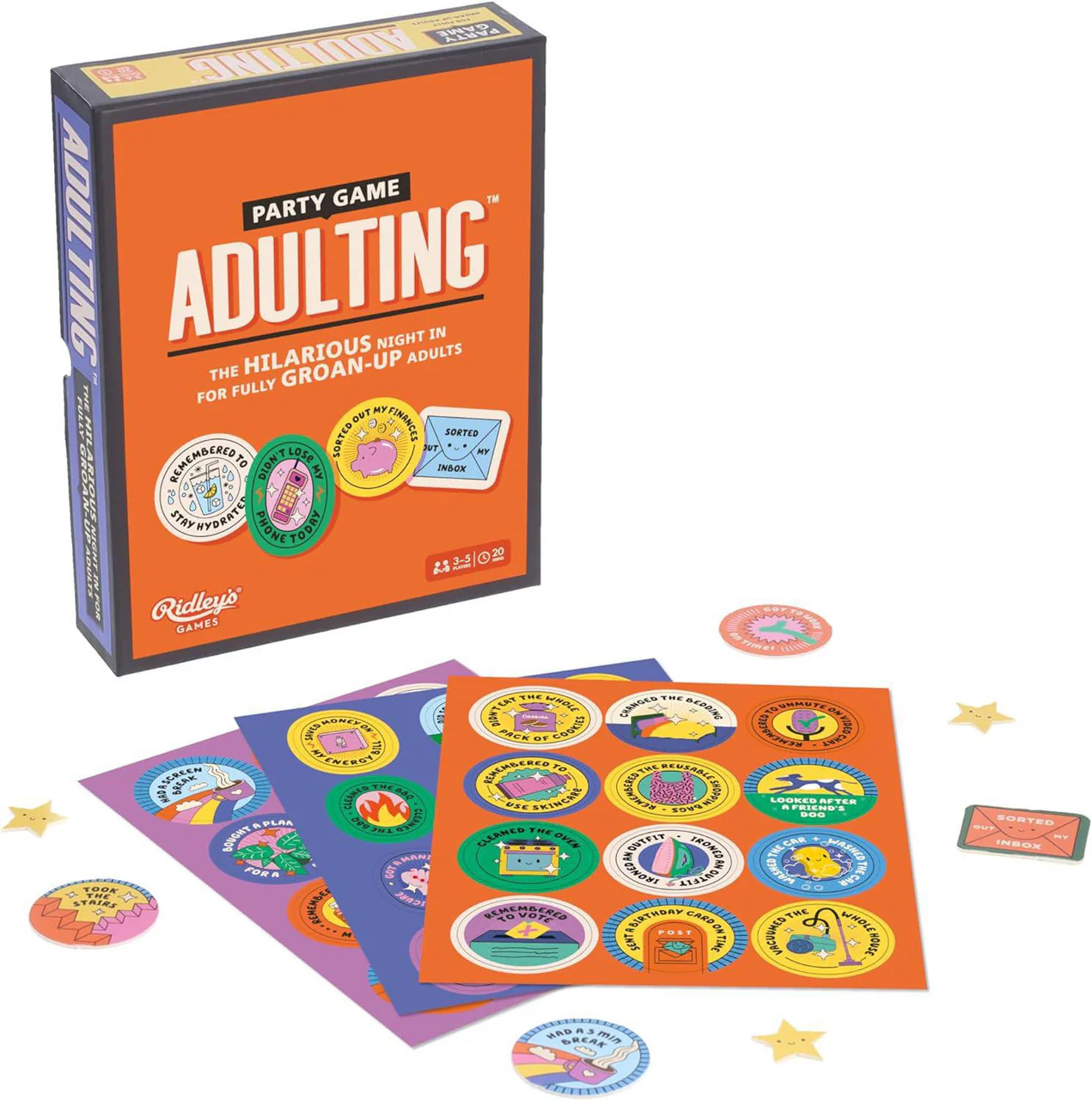 Adulting Party Game with game pieces and four sheets of colorful badge stickers.