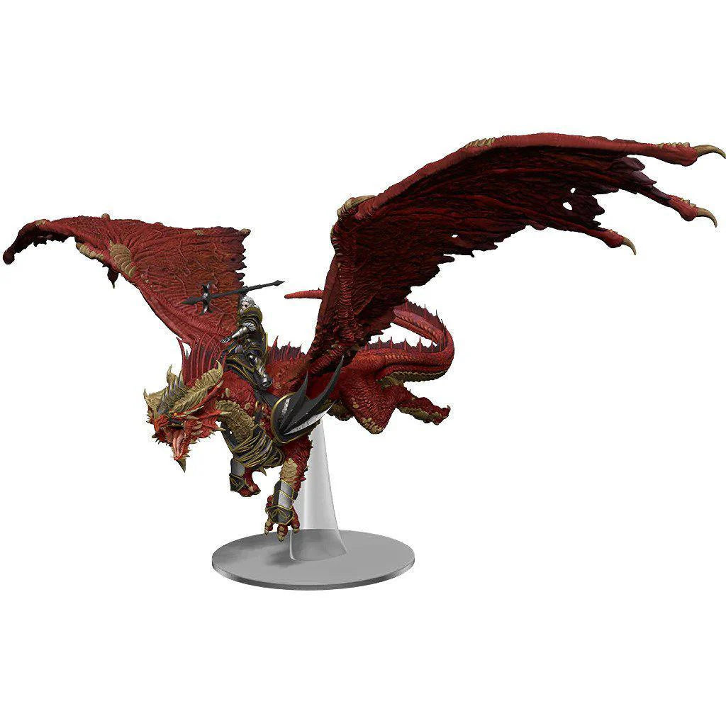 D&D Icons of the Realms: Dragonlance figure showing Kensaldi riding a large red dragon with wings.