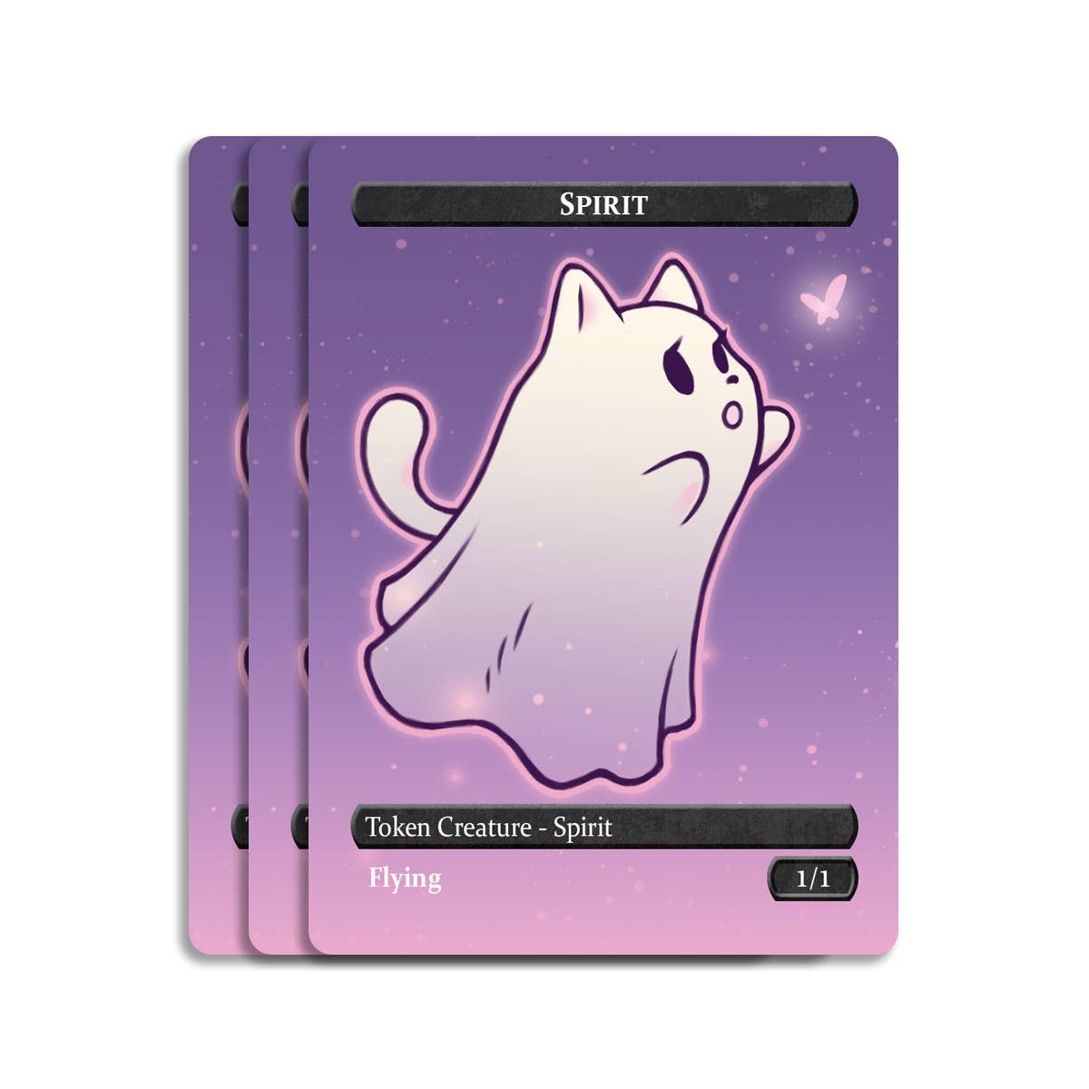 Spirit & Cat Token Set: white spirit cat and butterfly design on purple sleeves.