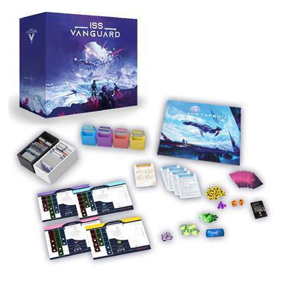 ISS Vanguard game with cards, dice, containers, sheets, and a large illustrated sci-fi adventure book.