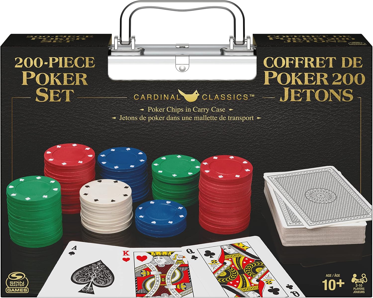 CARDINAL CLASSICS 200-piece poker set with red, green, blue, and white chips, playing cards, and a carrying case.