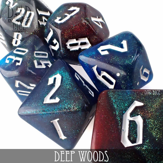 Deep Woods 7-dice set for tabletop gaming; blue and red glitter dice with white numbers.