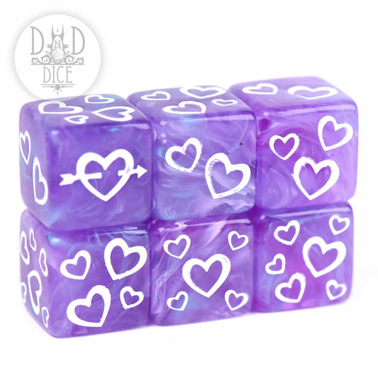 Emotional Damage 4D6 set: six purple 16mm D6 dice with white hearts; DnD Dice logo present.