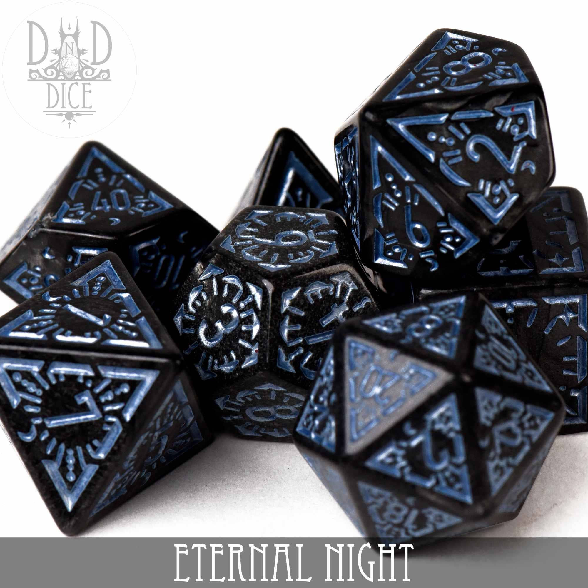 Eternal Night 7 Dice Set, black polyhedral dice with blue designs.