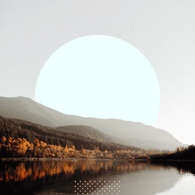 Digimon Casual product with geometric dot accents, foregrounded against stylized forested mountains and a rising sun.
