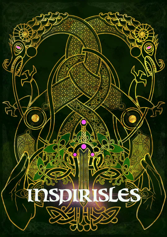 Inspirisles accessible tabletop RPG featuring Celtic-themed cover with intertwined dragons and a glowing sword.
