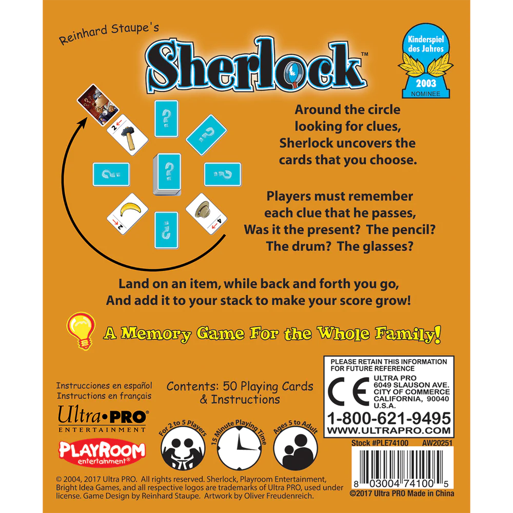 Sherlock game box with cards, magnifying glass, and instructions.
