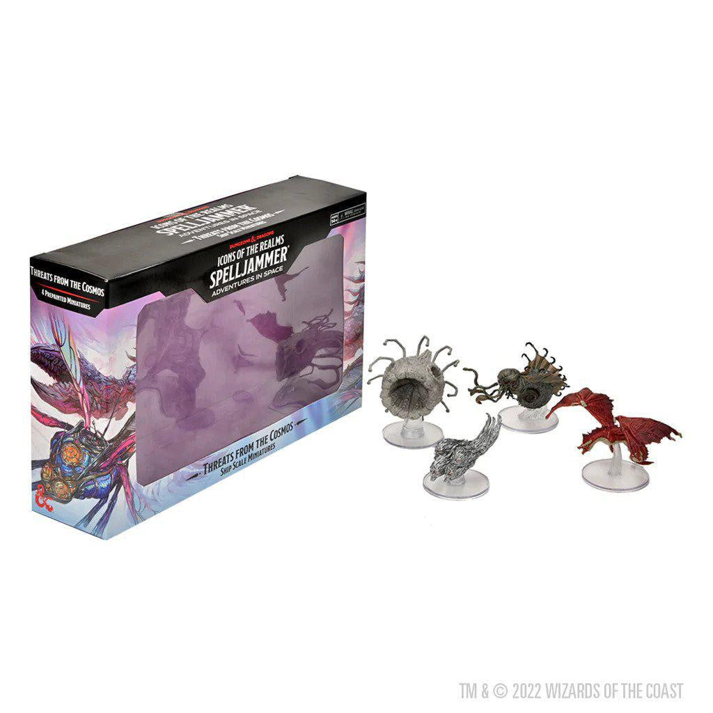 D&D Icons of the Realms Spelljammer Ship Scale: Threats from the Cosmos box set with four unboxed miniatures.