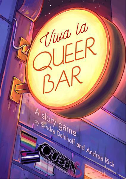 Viva la QueerBar sign above a door, with LGBTQ+ flags, books, and a queer bar game nearby.