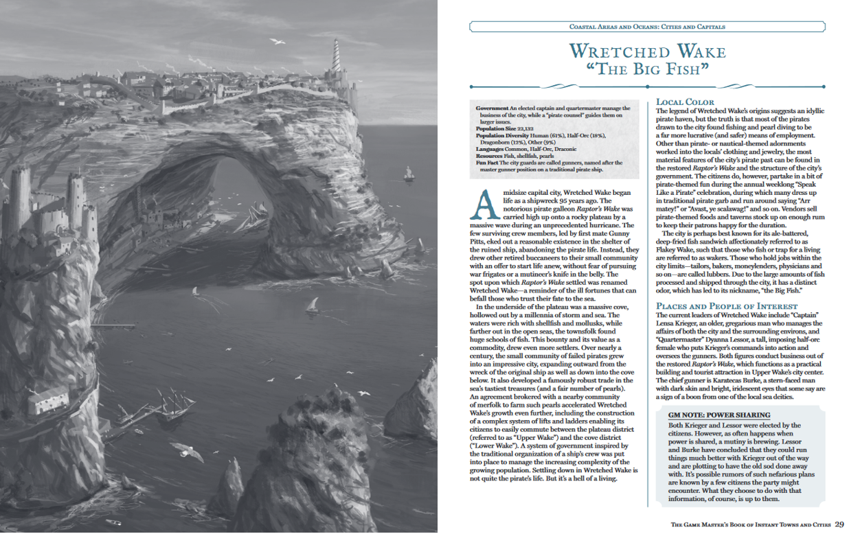 The Game Masters Book of Instant Towns and Cities cover featuring a black-and-white city on a rocky arch.