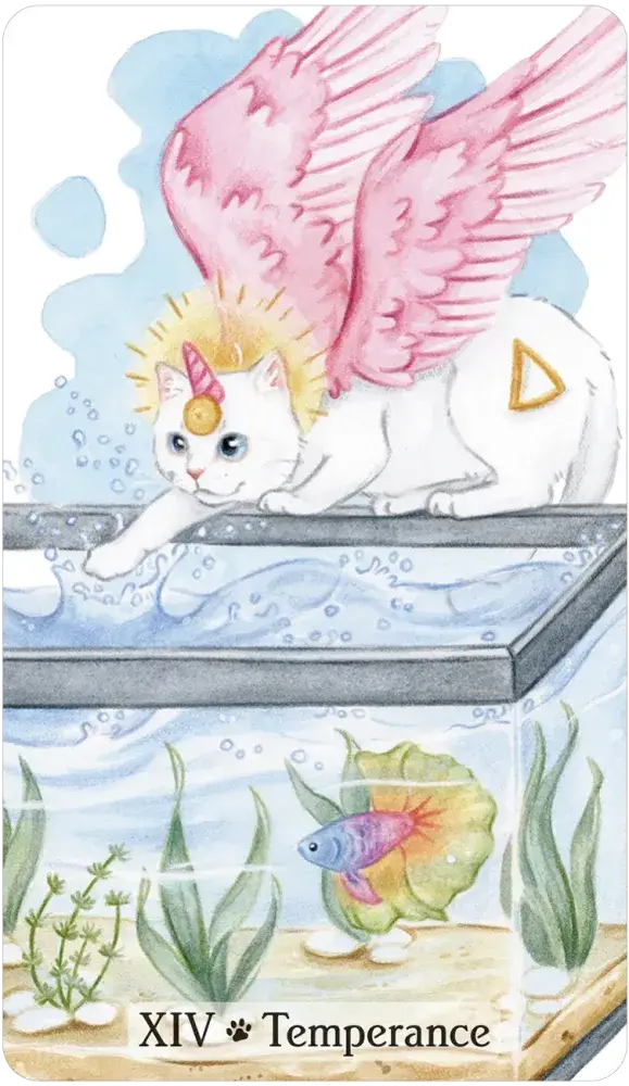 Caticorn Tarot card XIV Temperance showing a white caticorn with pink wings balancing water, fish below.