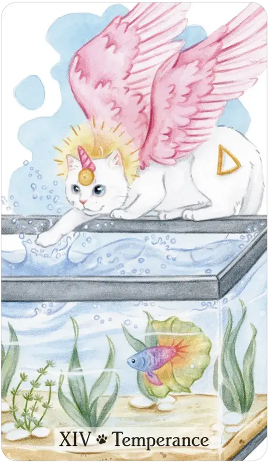 Caticorn Tarot card XIV Temperance showing a white caticorn with pink wings balancing water, fish below.