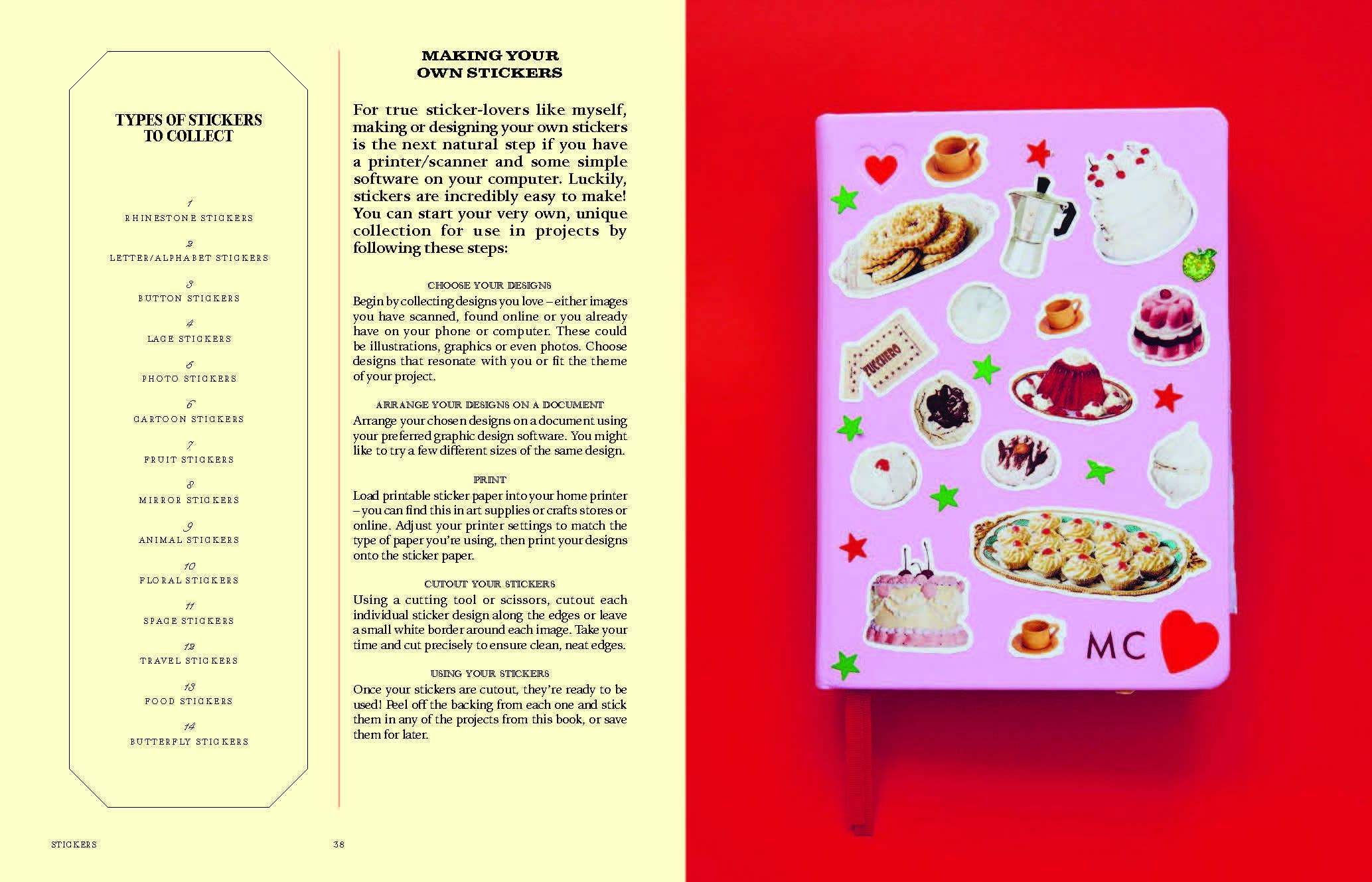 Pink notebook with food and heart stickers, includes tips and sticker types for scrapbooking.