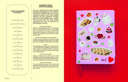 Pink notebook with food and heart stickers, includes tips and sticker types for scrapbooking.