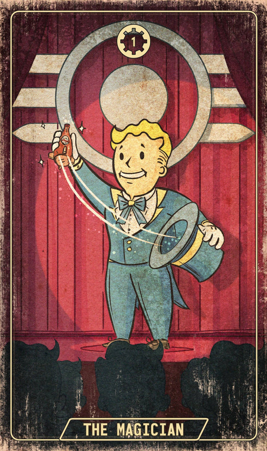 Fallout: The Official Tarot Deck and Guidebook, The Magician card featuring a cartoon character with a sparkling bottle and hat.
