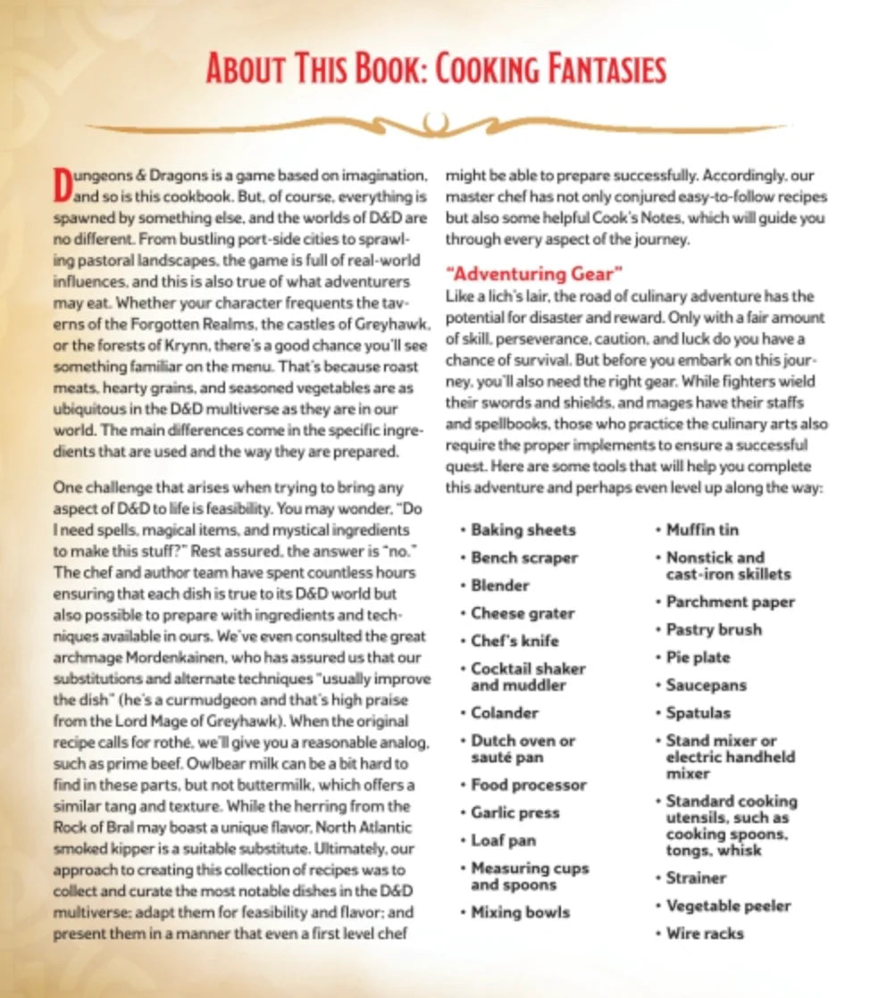Heroes Feast FLAVORS OF THE MULTIVERSE book featuring D&D-inspired recipes and baking gear information.
