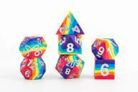 7-piece Sharp Edge SLC RBR Rainbow dice set stacked on a white background.