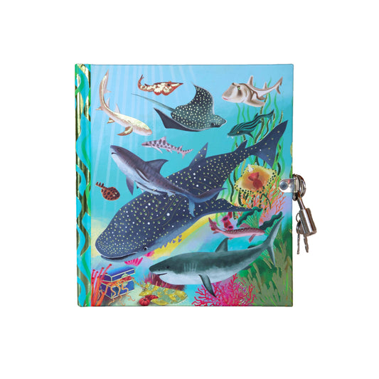 Sharks and Friends Journal with underwater cover, coral accents, lockable diary design, and included keys.