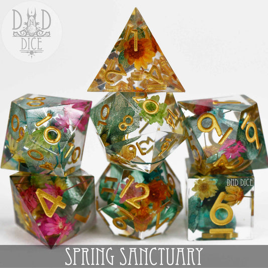 Spring Sanctuary (Handmade) set of 7 clear resin dice with gold numbers and colorful dried flowers for tabletop gaming.