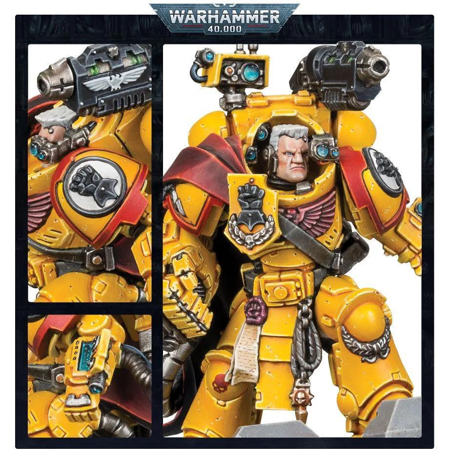 Imperial Fists Bastion Strike Force Space Marine with yellow armor, red cape, weapon, and black-silver details.