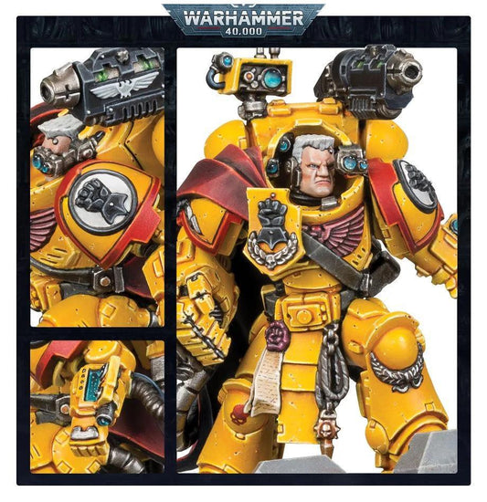Imperial Fists Bastion Strike Force Space Marine with yellow armor, red cape, weapon, and black-silver details.