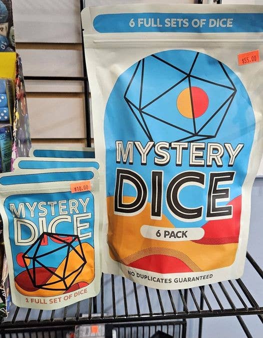 Two packs, each containing seven polyhedral dice with colorful geometric designs.