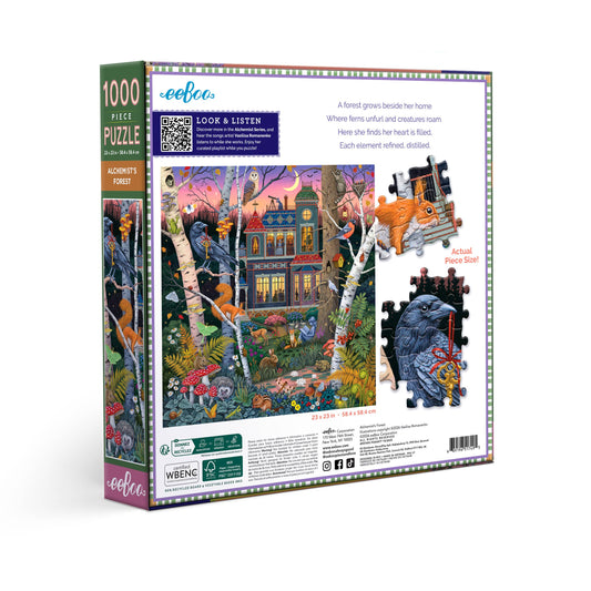 Back of Alchemist’s Forest 1000 Piece Puzzle box featuring Vasilisa Romanenko’s art and sustainable materials details.
