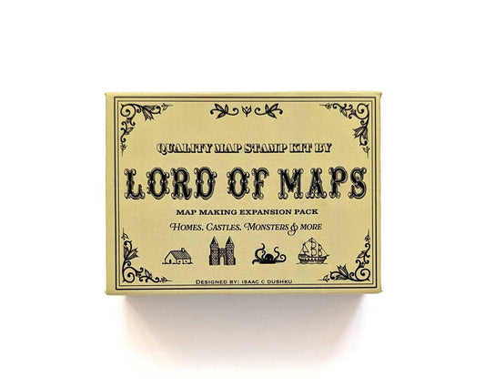 Castle Pack Map Making Stamp Kit box showing a house, castle, monster, and ship illustration.