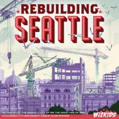 Rebuilding Seattle board game cover featuring cranes and buildings, city planner theme.