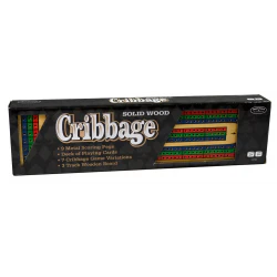 Solid wood cribbage board with metal pegs in box; product and metal pegs pictured on packaging.