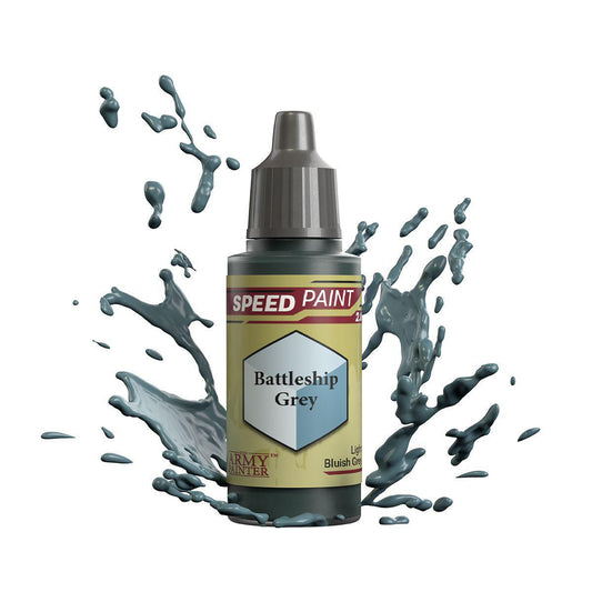Army Painter Speedpaint Battleship Grey bottle with grey splashes on a white background.