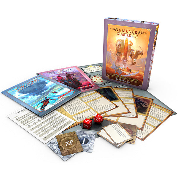 Numenera Starter Set including dice, cards, tokens, and rulebooks on a white surface.