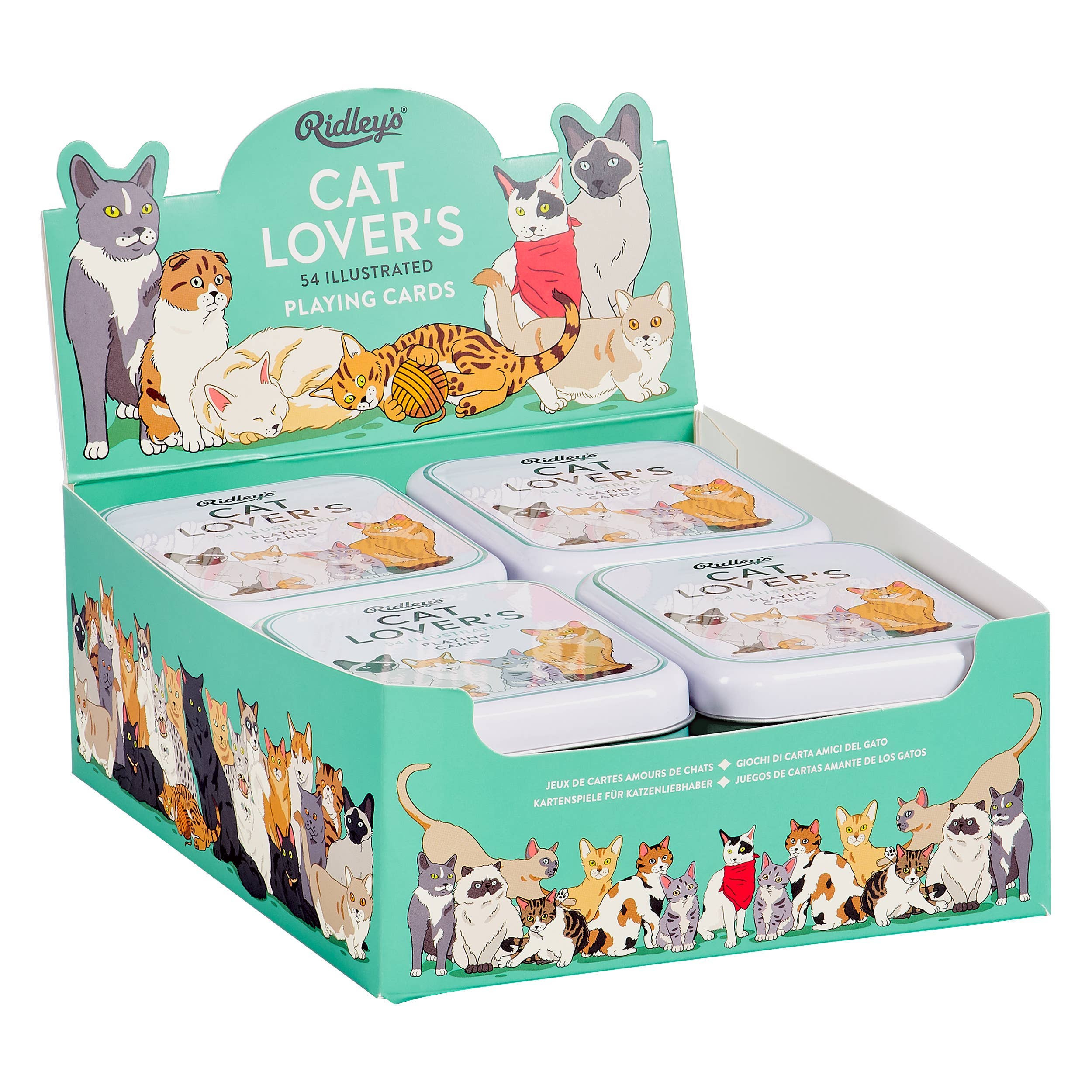Cat Lovers Playing Cards in a display box, feline-themed illustrated deck packaged in collectible tins.